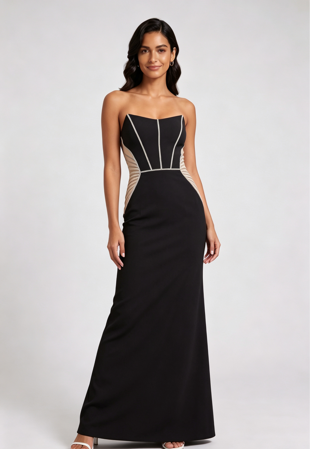 Black Lace-Up Back Maxi Dress with Embellished Mesh Panels Premium Fabric - product view 3