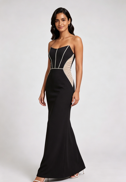 Black Lace-Up Back Maxi Dress with Embellished Mesh Panels Premium Fabric - product view 5