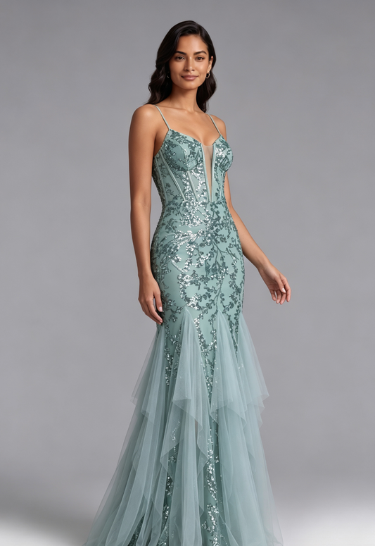 Seafoam Sequin Two-Piece Mermaid Evening Gown Premium Fabric - product view 3