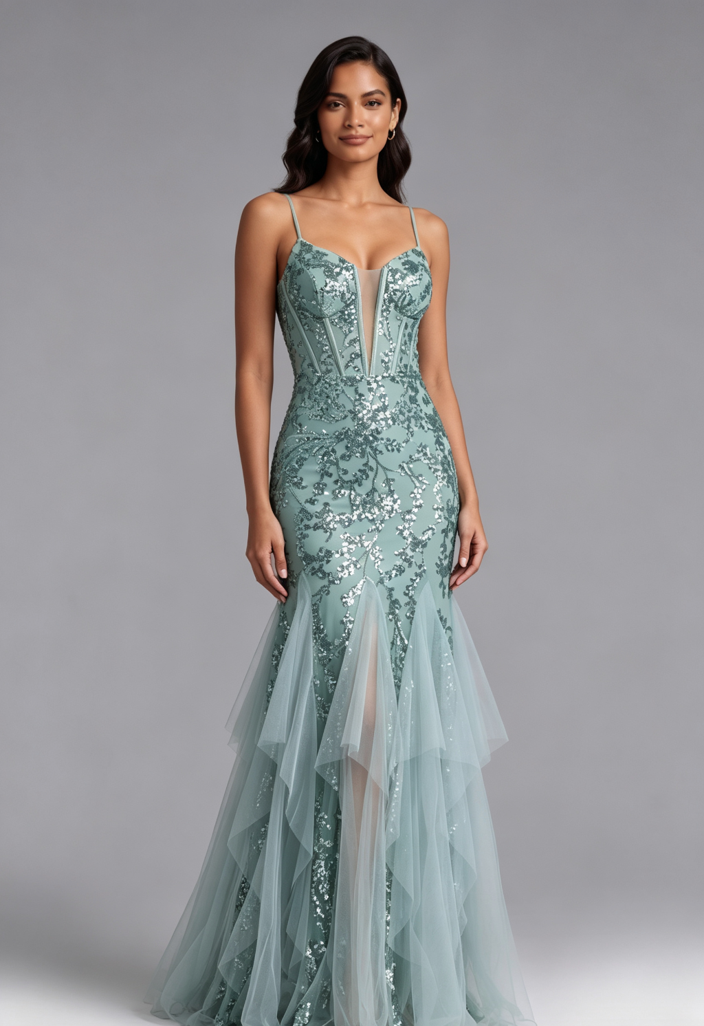Seafoam Sequin Two-Piece Mermaid Evening Gown Premium Fabric - product view 4