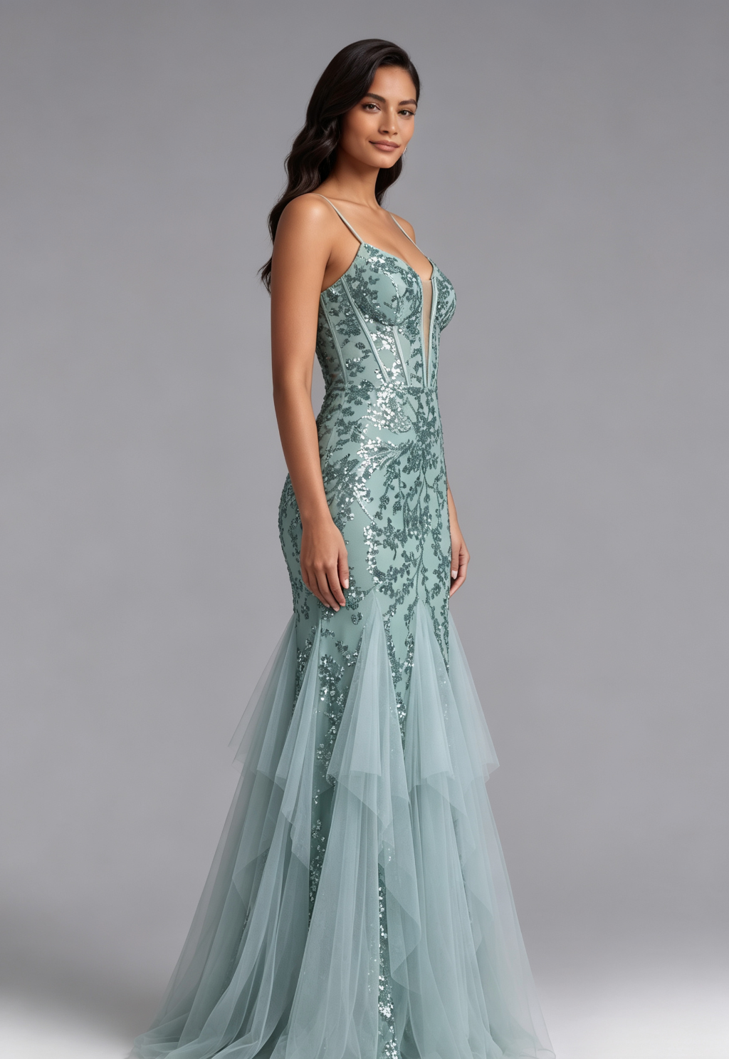 Seafoam Sequin Two-Piece Mermaid Evening Gown Premium Fabric - product view 5