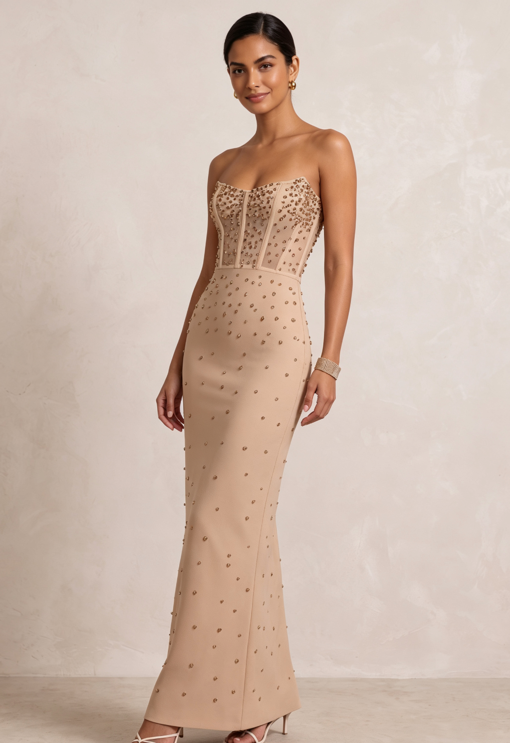 Beige Strapless Studded Maxi Gown Premium Fabric - product view 5