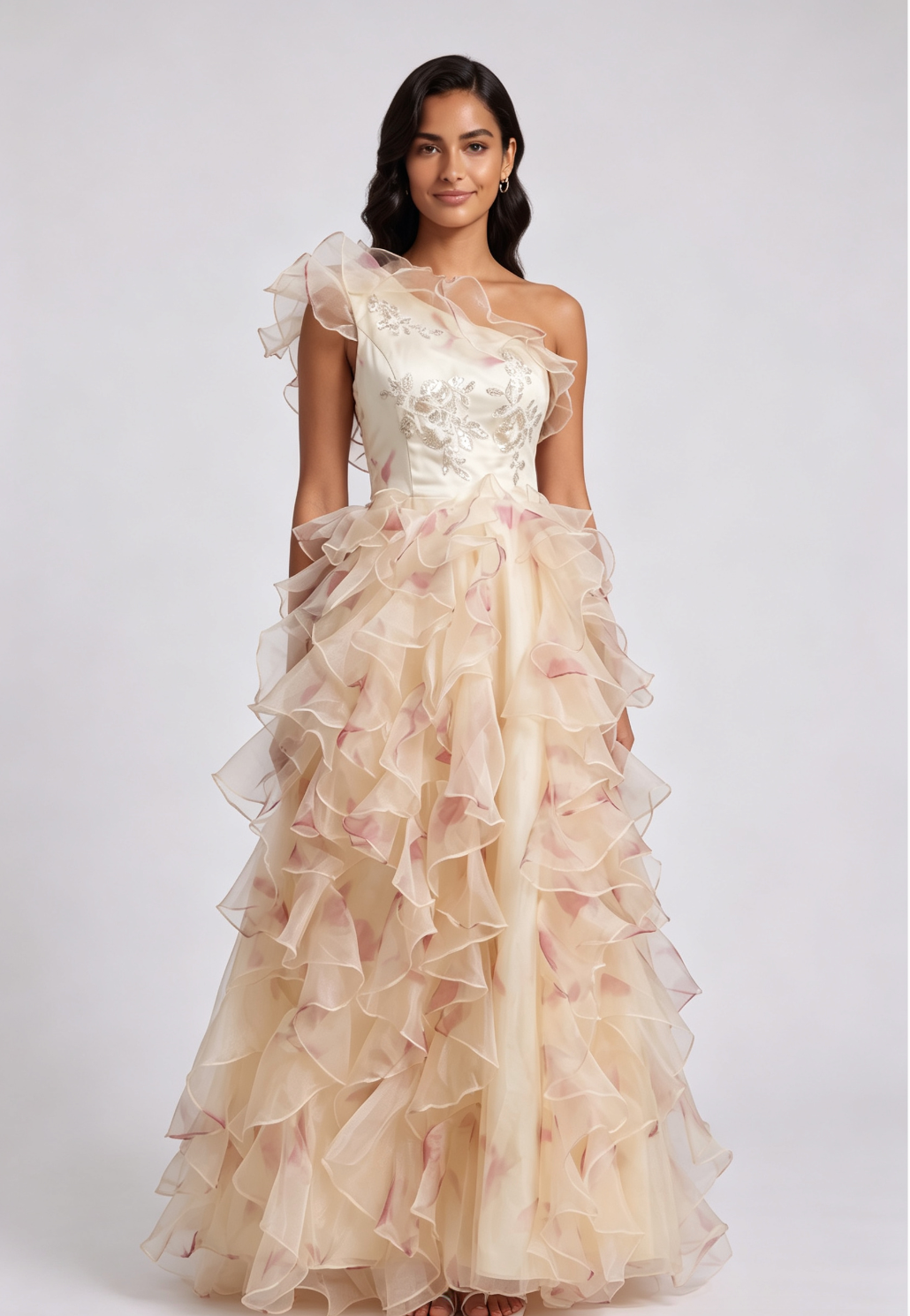 One-Shoulder Ruffled Floor-Length Dress with Corset Back Premium Fabric - product view 3