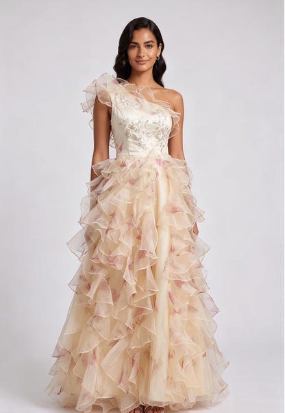 One-Shoulder Ruffled Floor-Length Dress with Corset Back Premium Fabric - product view 3