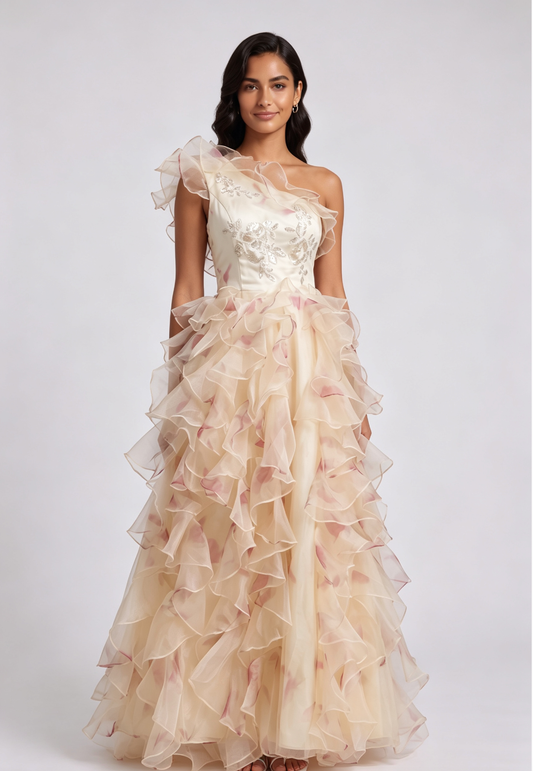 One-Shoulder Ruffled Floor-Length Dress with Corset Back Premium Fabric - product view 3