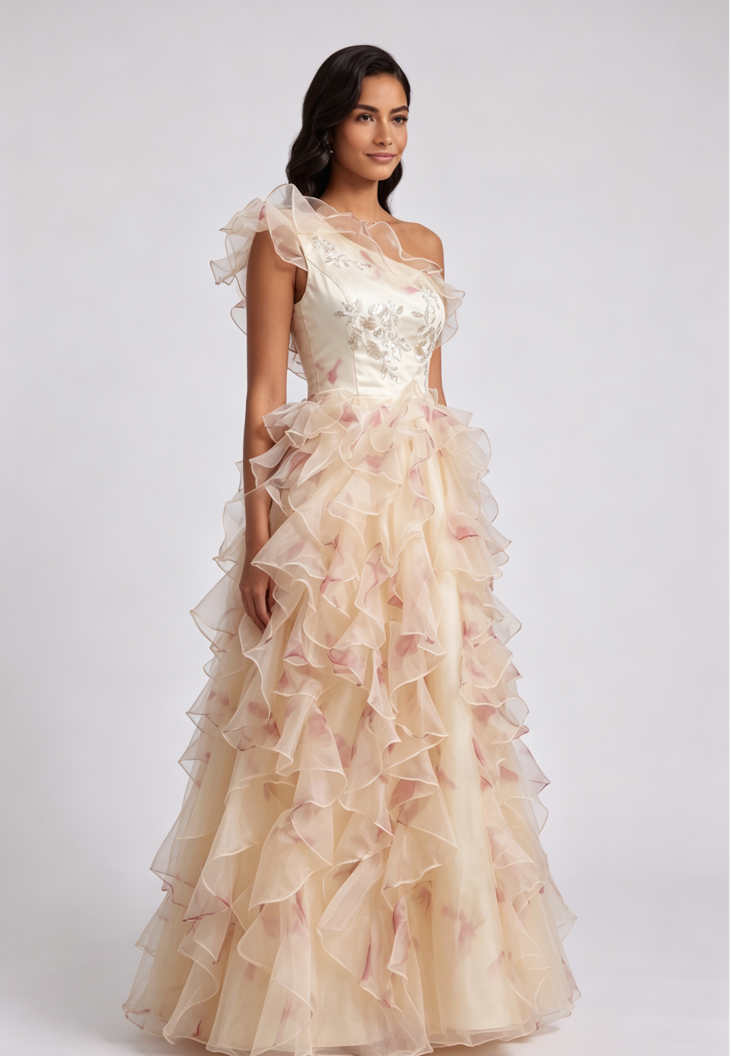 One-Shoulder Ruffled Floor-Length Dress with Corset Back Premium Fabric - product view 4