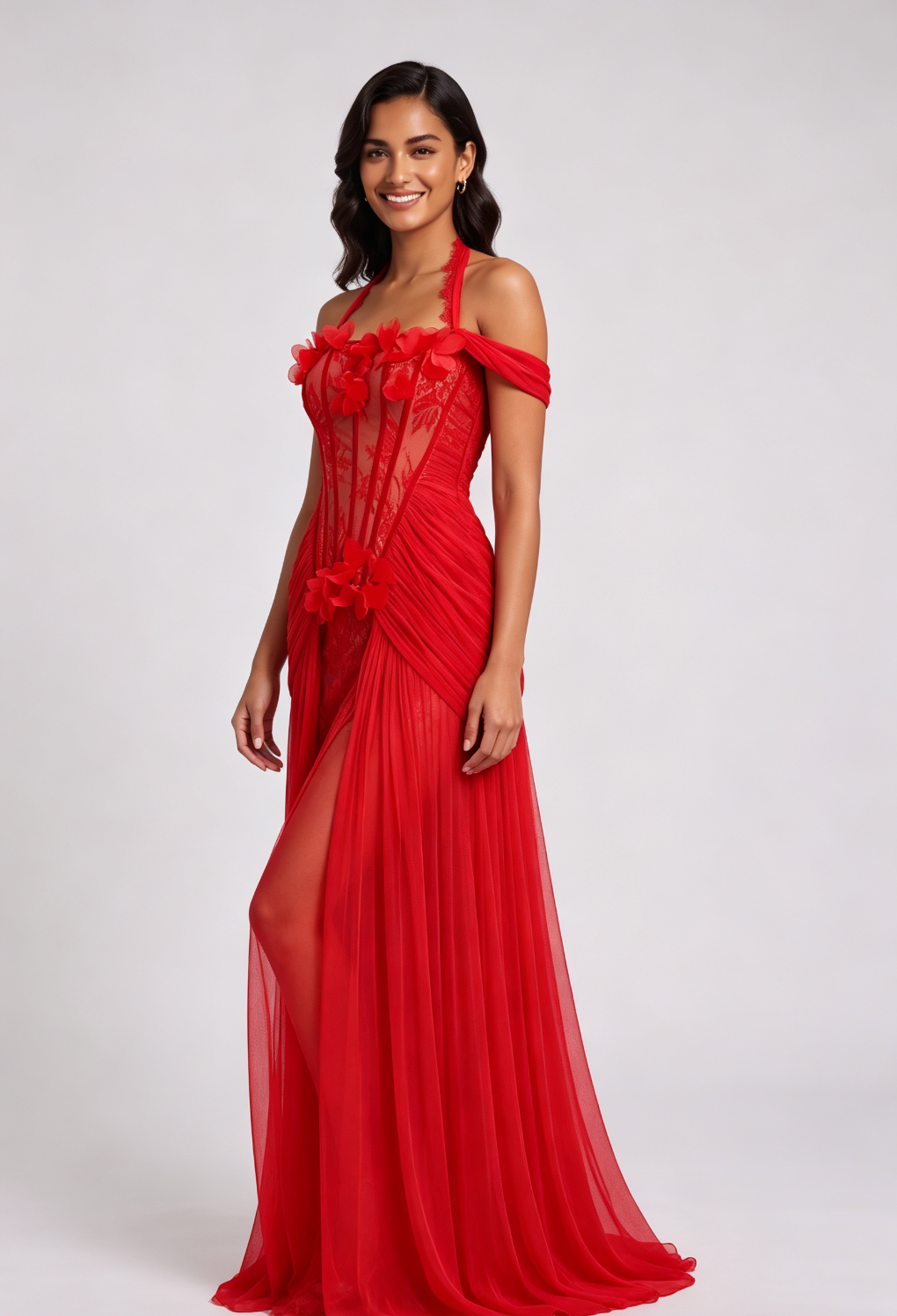 Red Halter Neck Floor-Length Gown with Floral Appliqué Premium Fabric - product view 4
