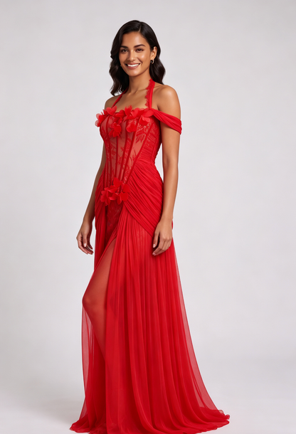 Red Halter Neck Floor-Length Gown with Floral Appliqué Premium Fabric - product view 4