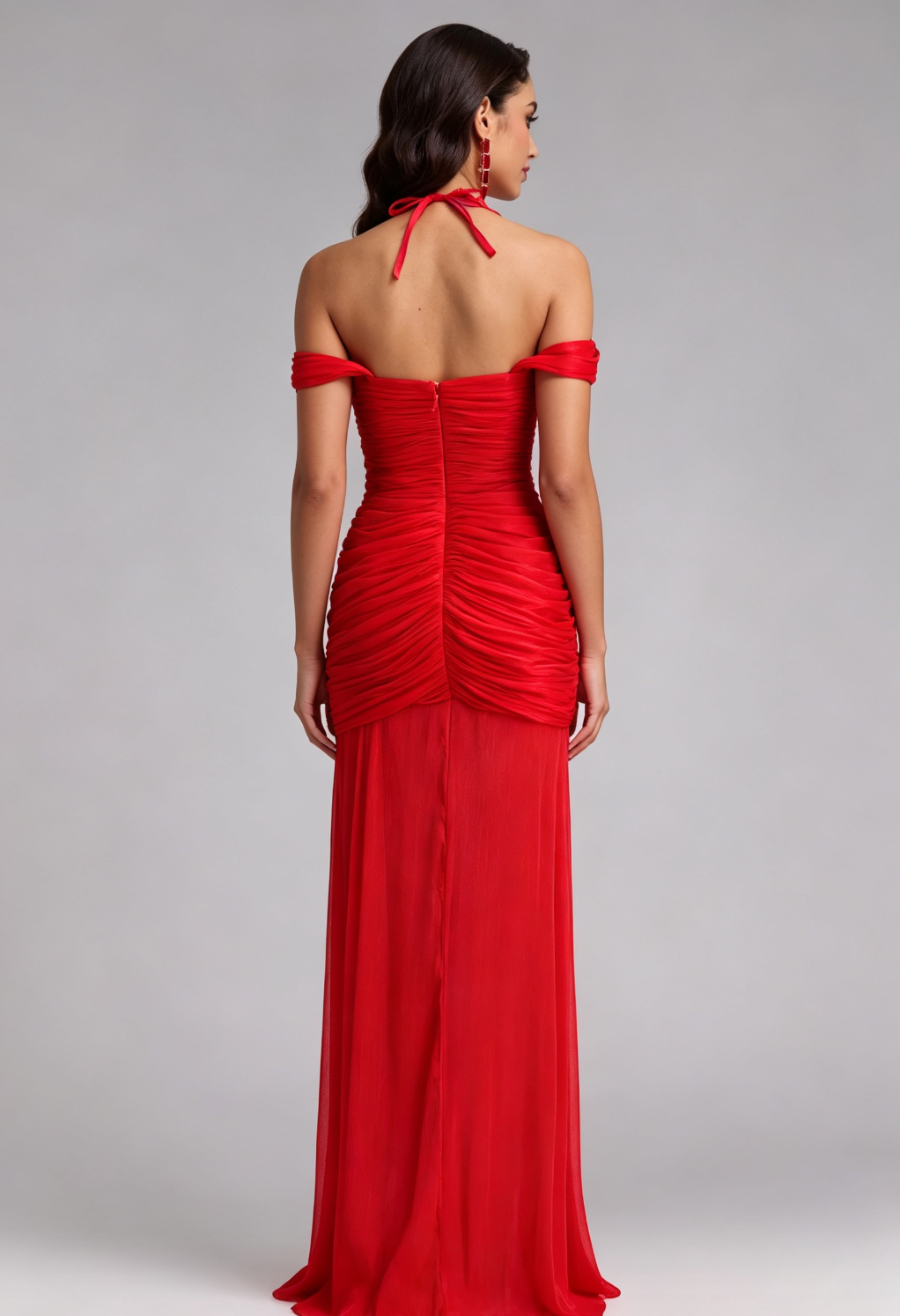 Red Halter Neck Floor-Length Gown with Floral Appliqué Premium Fabric - product view 5