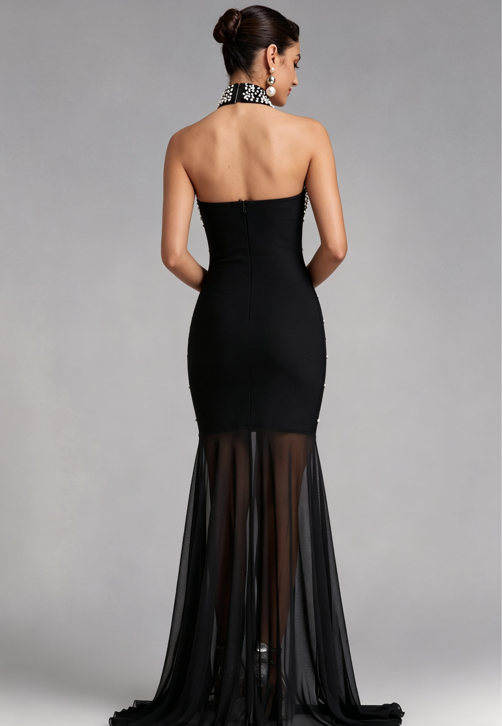 Black Pearl-Embellished Halter Mermaid Gown Premium Fabric - product view 5