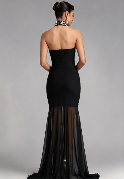 Black Pearl-Embellished Halter Mermaid Gown Premium Fabric - product view 5