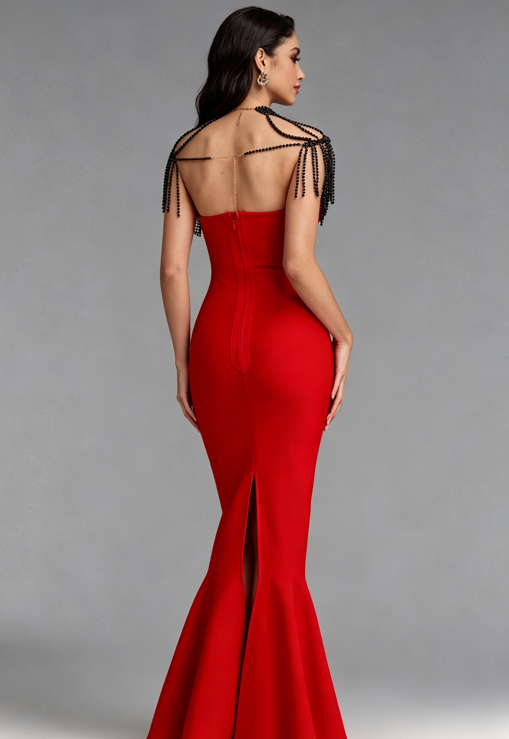 Red Mermaid Evening Gown with Beaded Fringe Detail Premium Fabric - product view 4