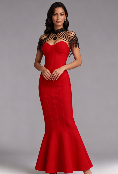 Red Mermaid Evening Gown with Beaded Fringe Detail Premium Fabric - product view 5
