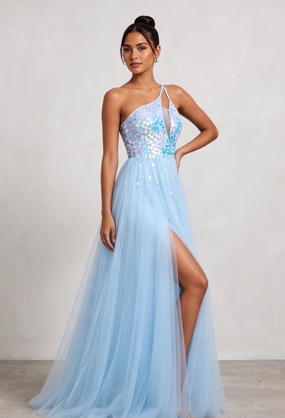 Light Blue Iridescent Tulle Evening Gown with Lace-Up Back Premium Fabric - product view 4