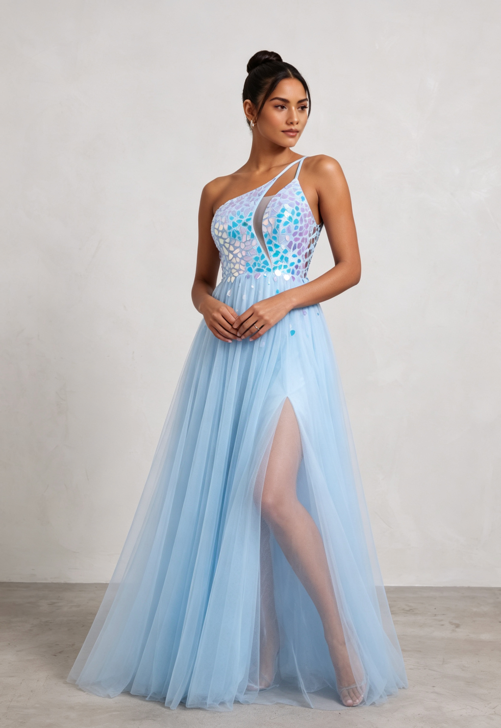Light Blue Iridescent Tulle Evening Gown with Lace-Up Back Premium Fabric - product view 5