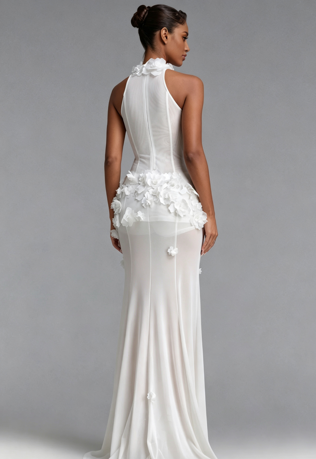 White Halter Maxi Dress with 3D Floral Embellishments Premium Fabric - product view 4