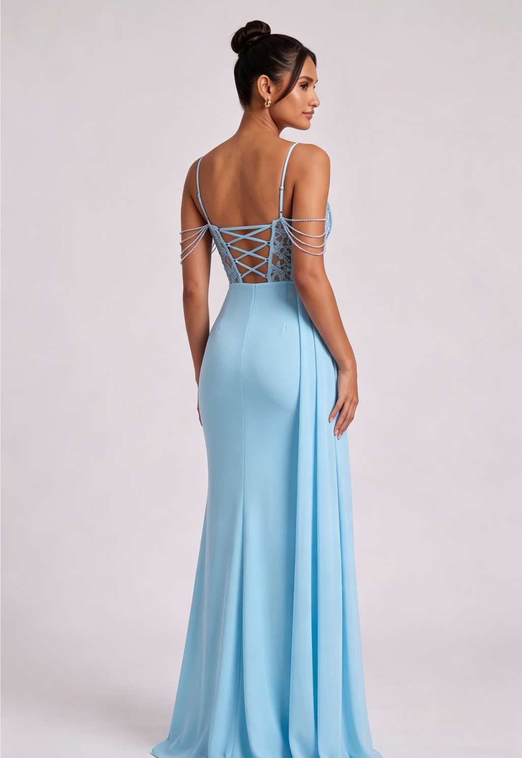 Light Blue Lace Maxi Dress with Cold Shoulder Straps Premium Fabric - product view 2
