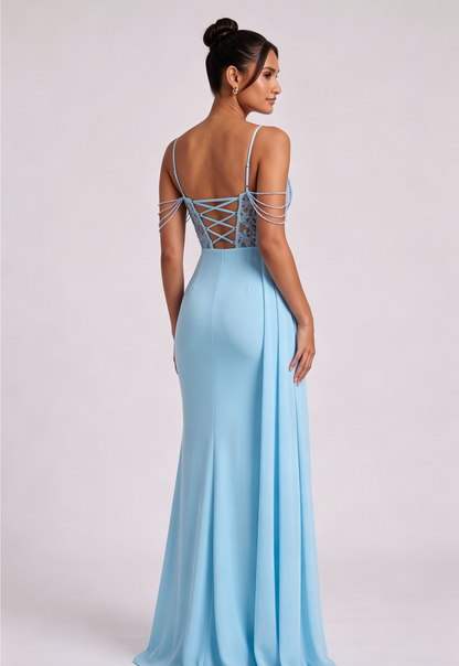 Light Blue Lace Maxi Dress with Cold Shoulder Straps Premium Fabric - product view 2