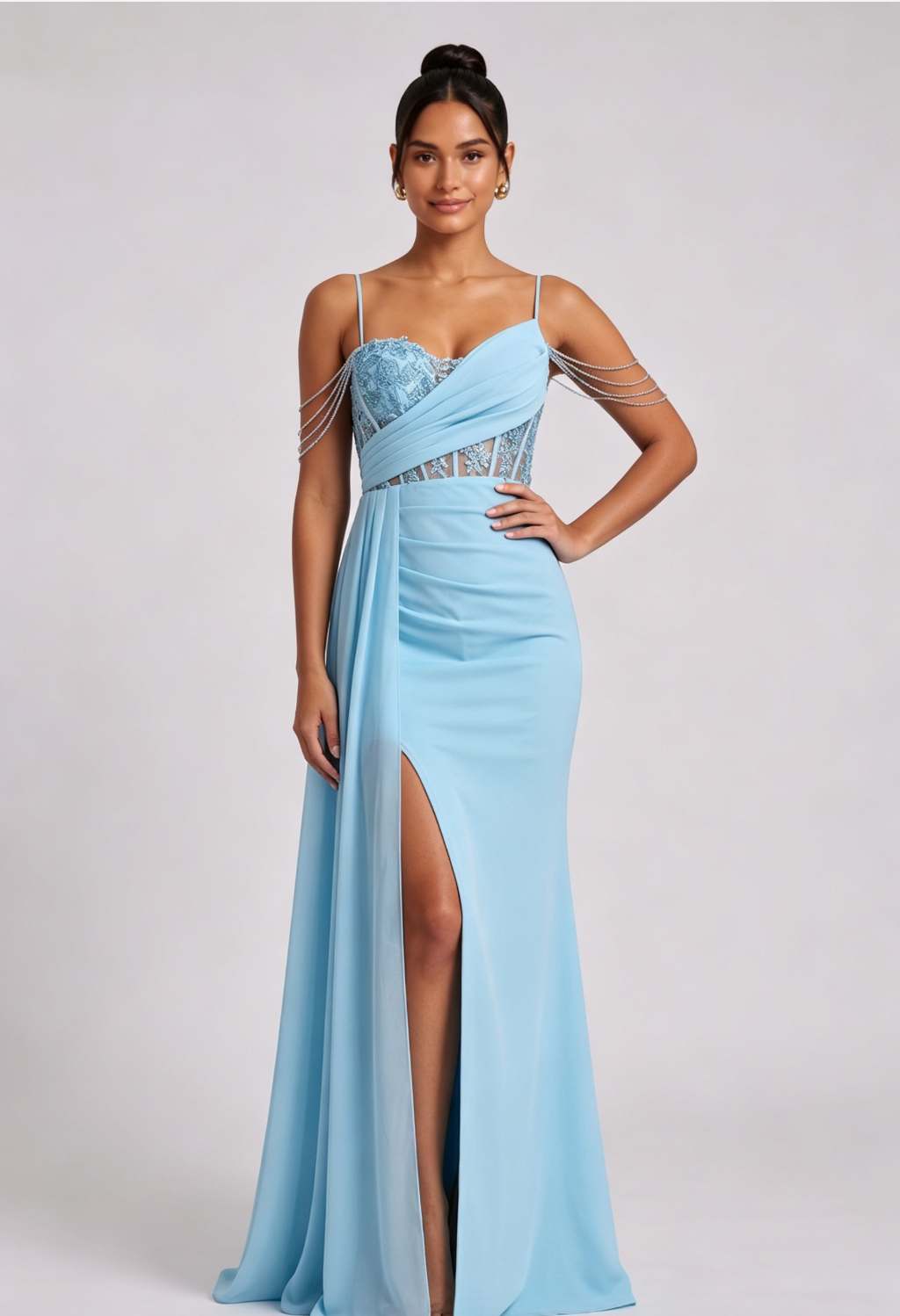 Light Blue Lace Maxi Dress with Cold Shoulder Straps Premium Fabric - product view 3