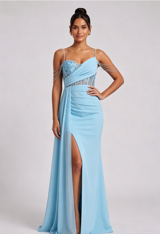 Light Blue Lace Maxi Dress with Cold Shoulder Straps Premium Fabric - product view 3