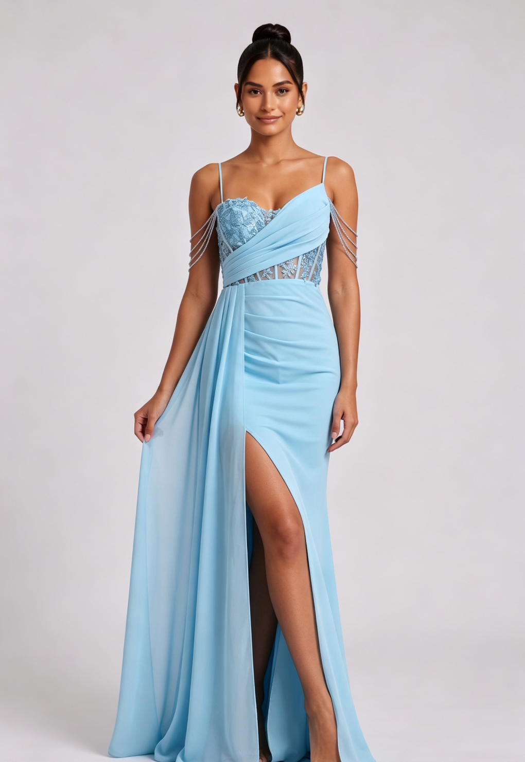 Light Blue Lace Maxi Dress with Cold Shoulder Straps Premium Fabric - product view 4