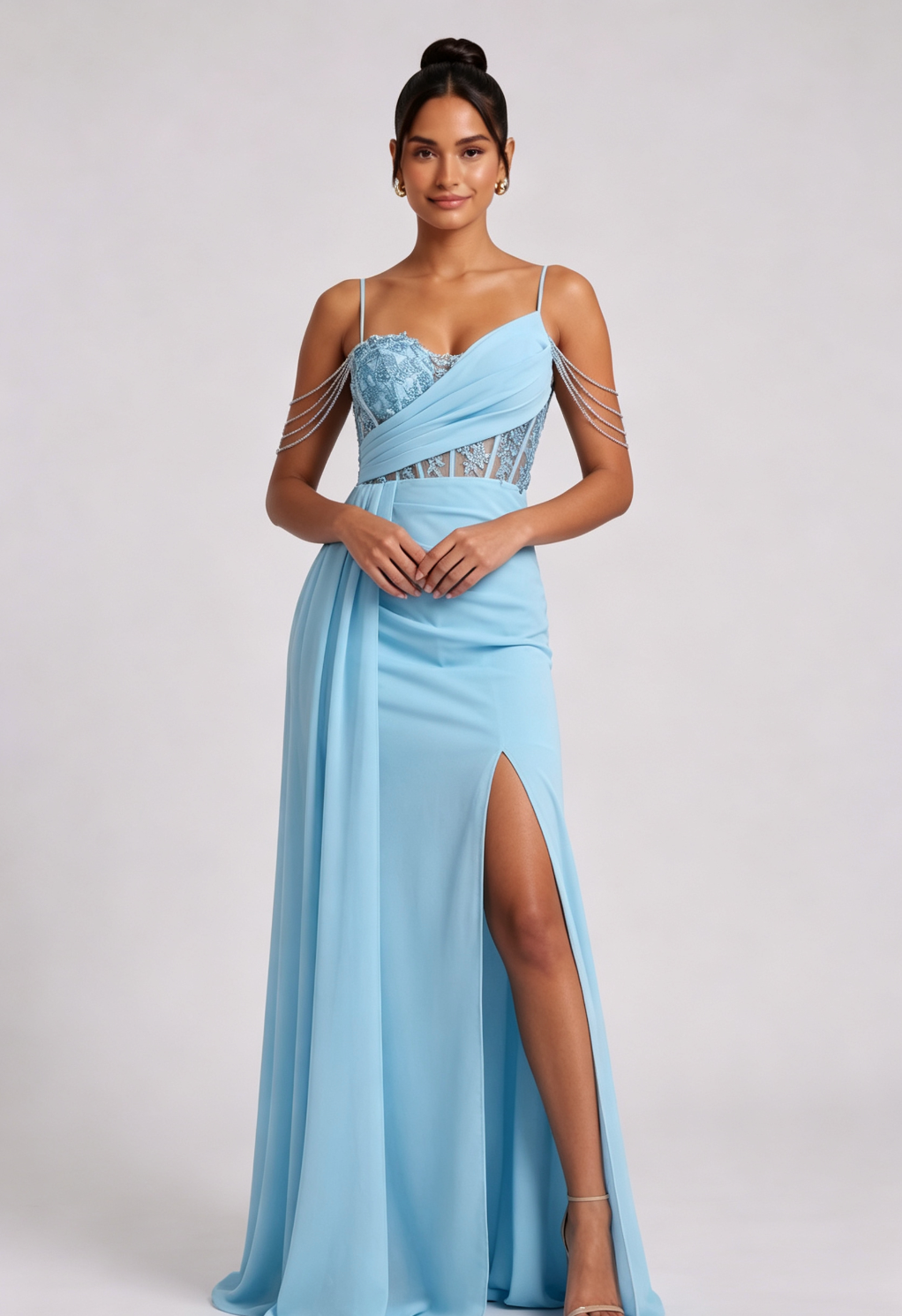 Light Blue Lace Maxi Dress with Cold Shoulder Straps Premium Fabric - product view 5