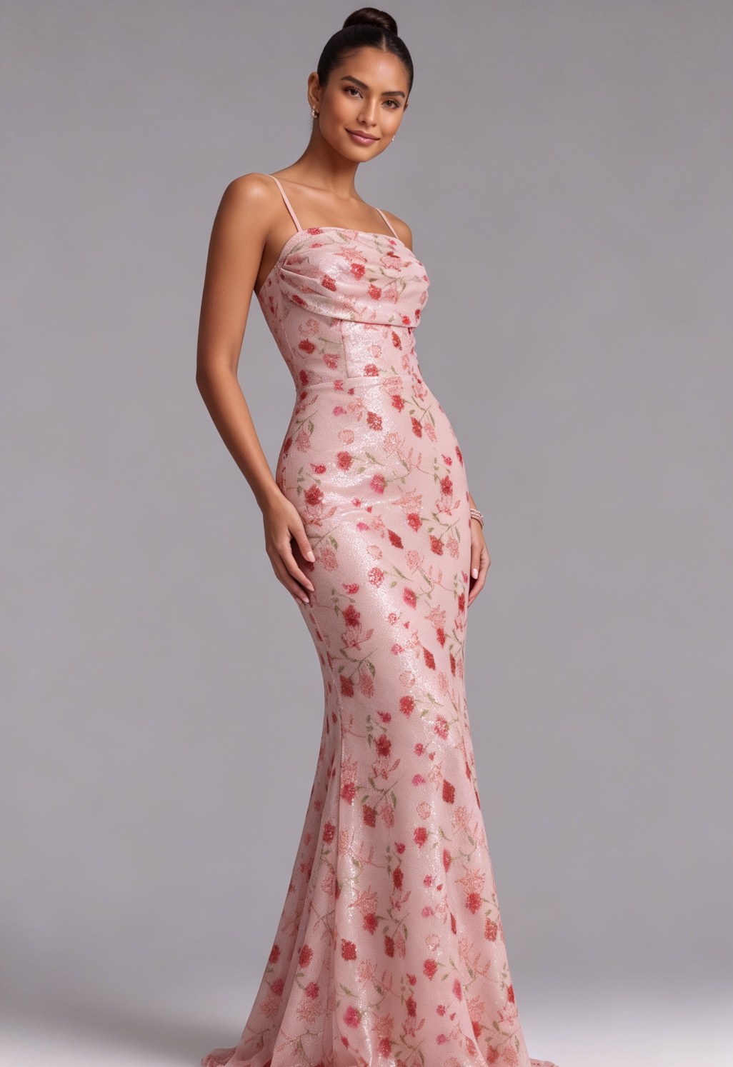 Blush Pink Floral Sequin Mermaid Gown with Lace-Up Back Premium Fabric - product view 4