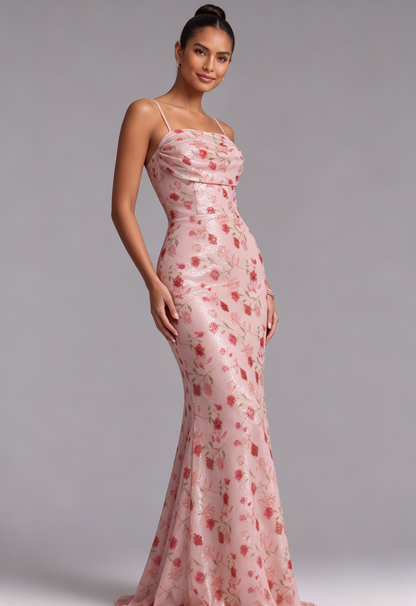 Blush Pink Floral Sequin Mermaid Gown with Lace-Up Back Premium Fabric - product view 4
