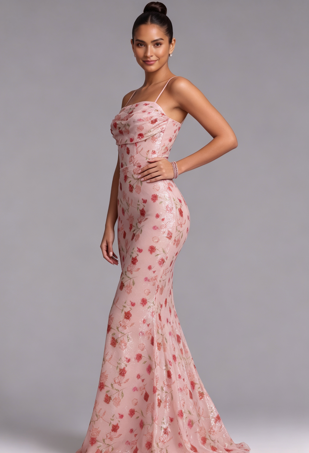 Blush Pink Floral Sequin Mermaid Gown with Lace-Up Back Premium Fabric - product view 5