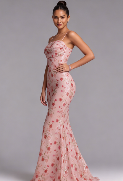 Blush Pink Floral Sequin Mermaid Gown with Lace-Up Back Premium Fabric - product view 5