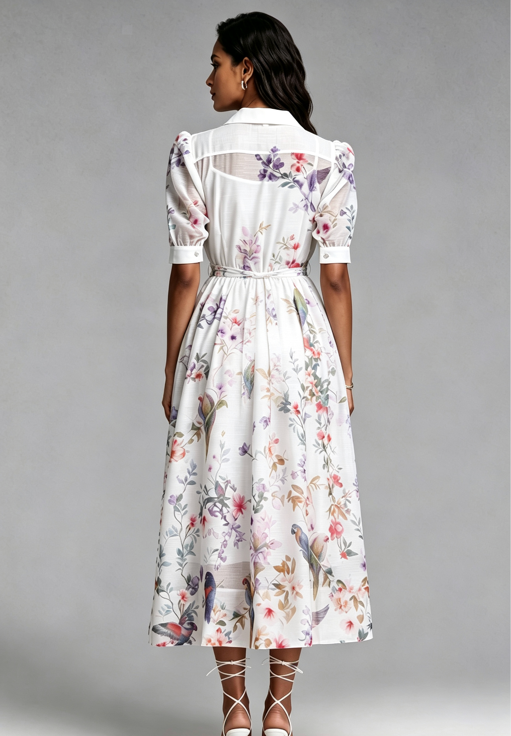 White Botanical and Faunal Print A-Line Midi Dress with Puff Sleeves