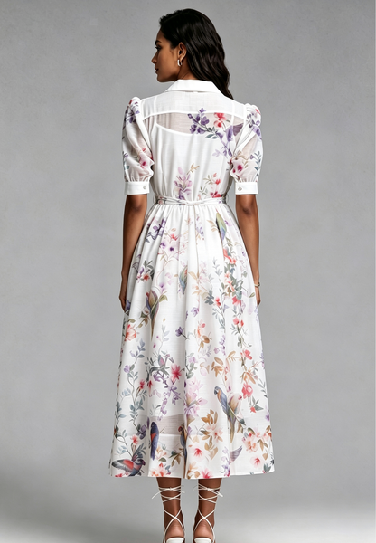 White Botanical and Faunal Print A-Line Midi Dress with Puff Sleeves