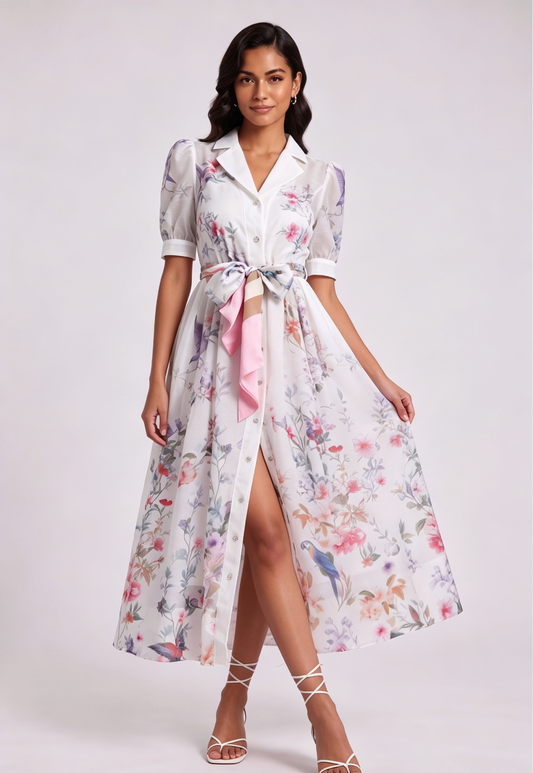 White Botanical and Faunal Print A-Line Midi Dress with Puff Sleeves