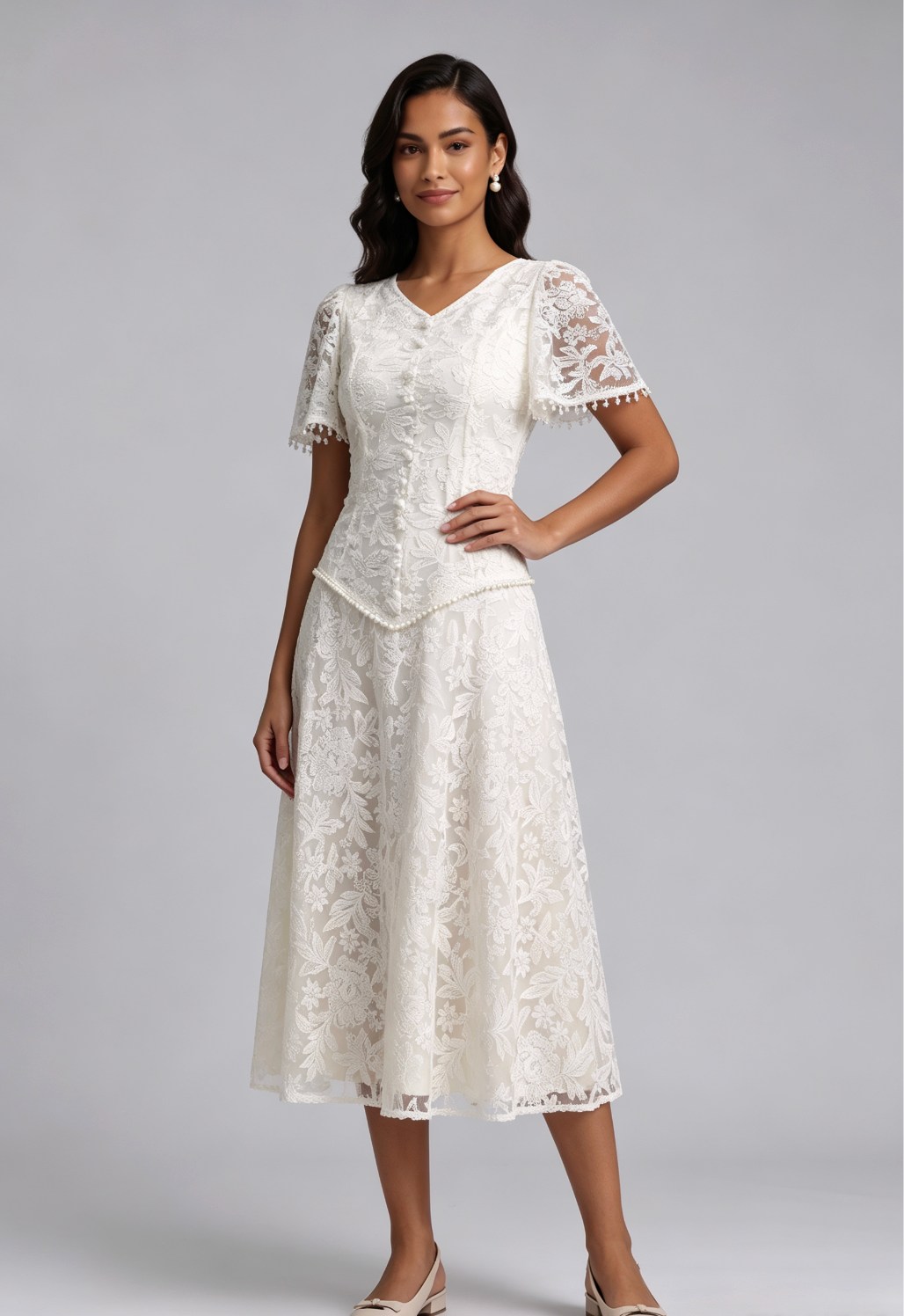 Ivory Floral Lace A-line Dress