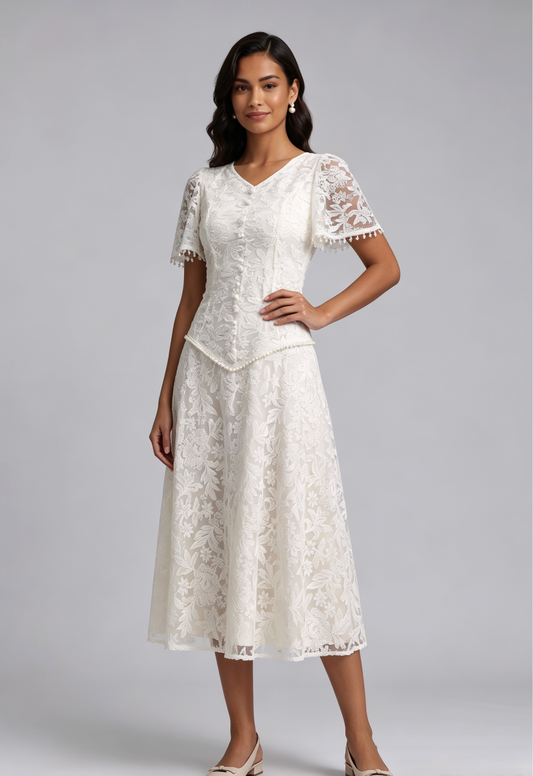 Ivory Floral Lace A-line Dress
