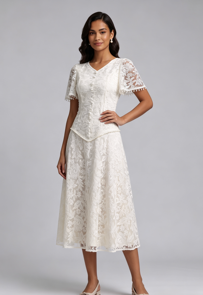 Ivory Floral Lace A-line Dress