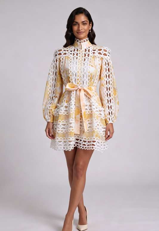 White & Yellow Floral A-Line Mini Dress with Lace Panels