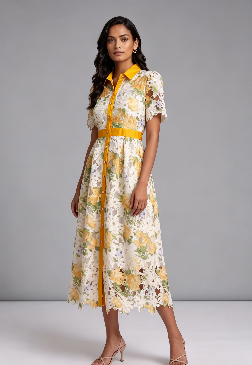 White Guipure Floral Lace A-Line Midi Dress with Yellow Satin Accents