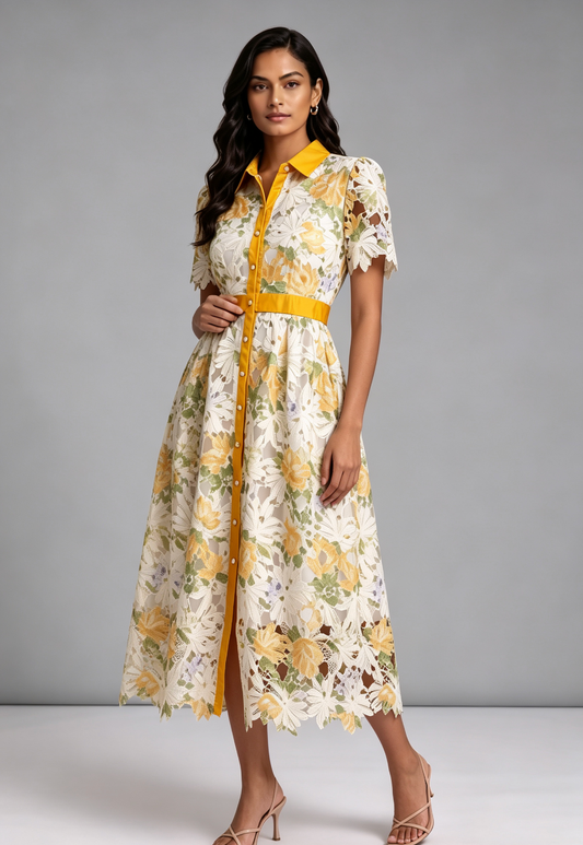 White Guipure Floral Lace A-Line Midi Dress with Yellow Satin Accents