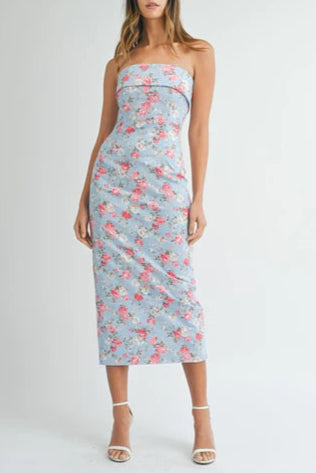 sherry strapless floral midi dress in blue