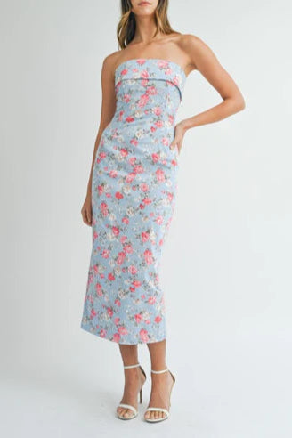 sherry strapless floral midi dress in blue