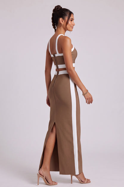 Brown Structured Knit Two-Piece Set with Criss-Cross Halter Crop Top and Maxi Skirt brown structured knit two-piece set (crop top and maxi skirt) - product view 4