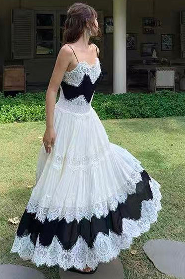 Black & White Lace Tiered Spaghetti Strap Maxi Dress