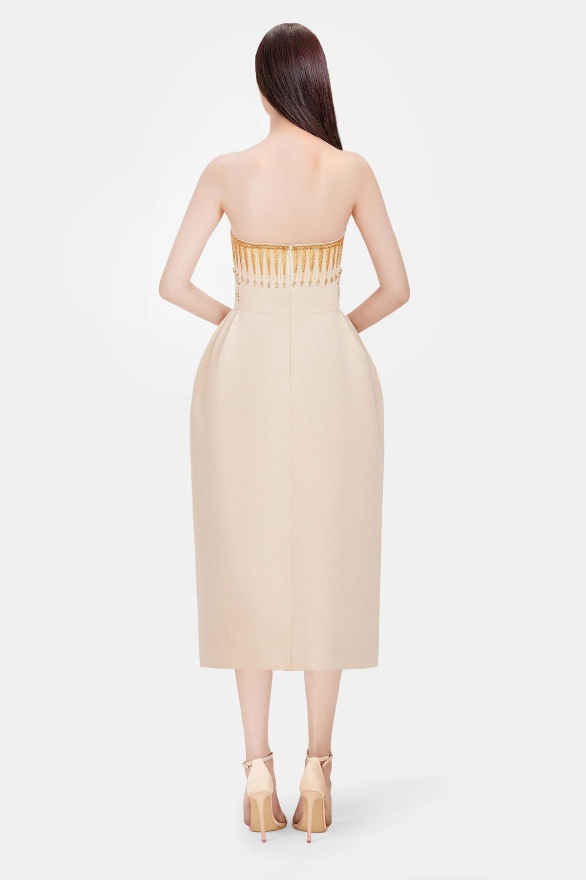 EMBROIDERED PRINTED MIDI DRESS IN BEIGE