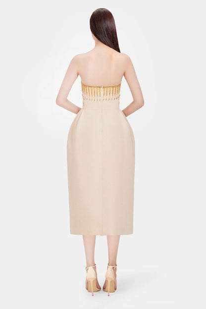 EMBROIDERED PRINTED MIDI DRESS IN BEIGE