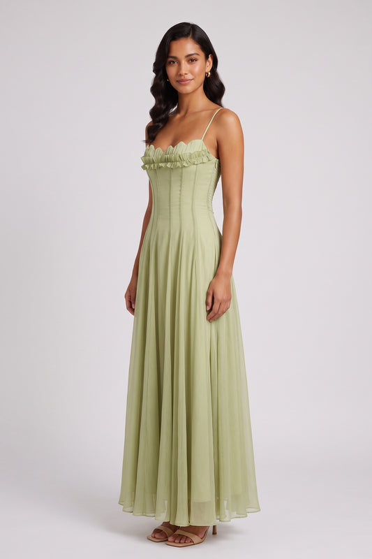 sage green chiffon a-line gown sage green chiffon gown - product view 1