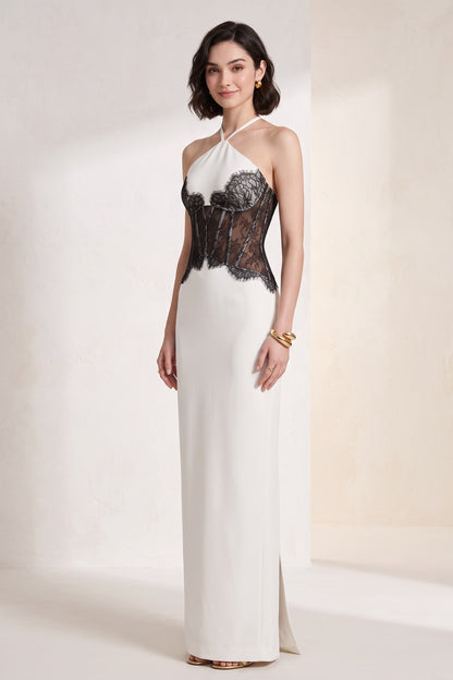 White Crepe Column Dress with Black Floral Lace Corset white crepe dress - product view 1