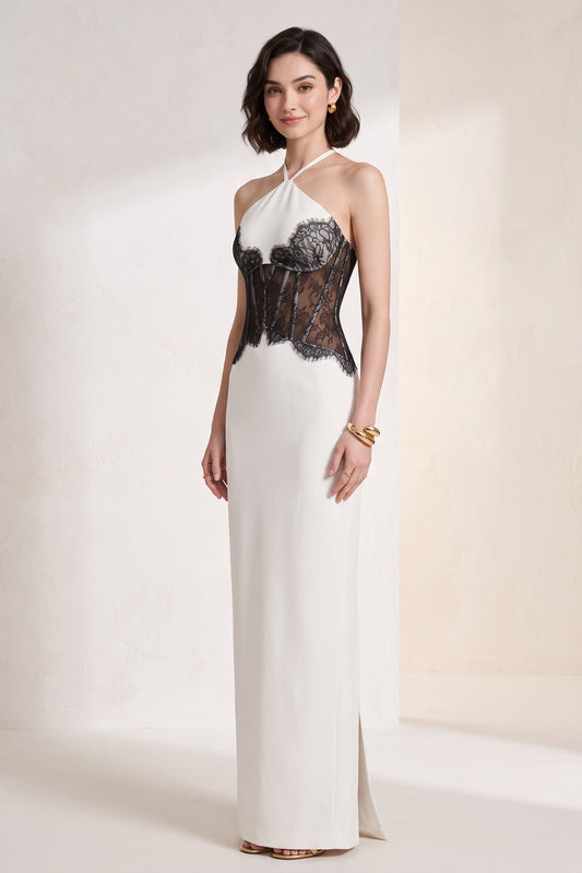 White Crepe Column Dress with Black Floral Lace Corset white crepe dress - product view 1