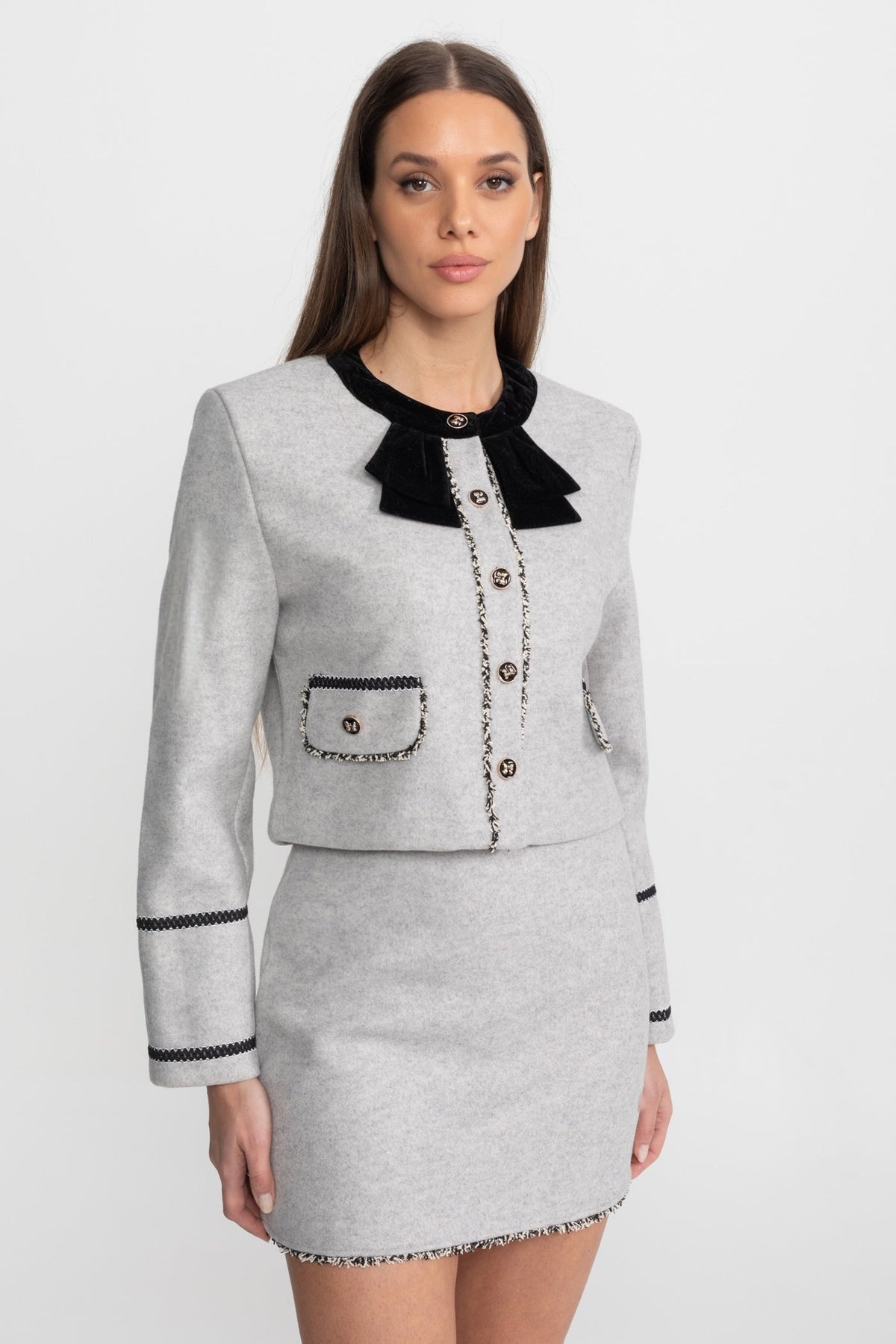 amy Grey  Co-Ord Set with Velvet Bow Collar Detail