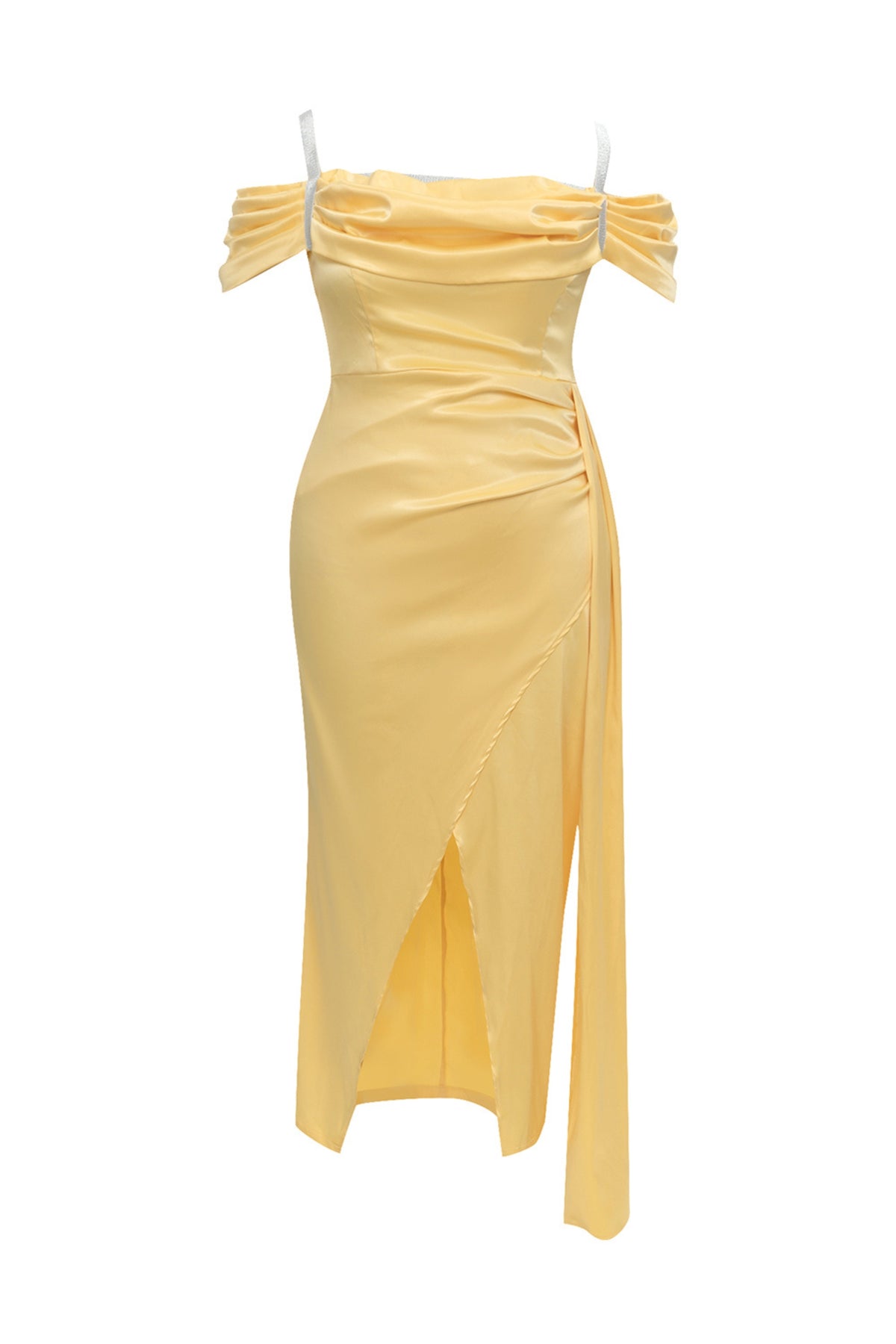 Satin drape high split midi dresses in yellow